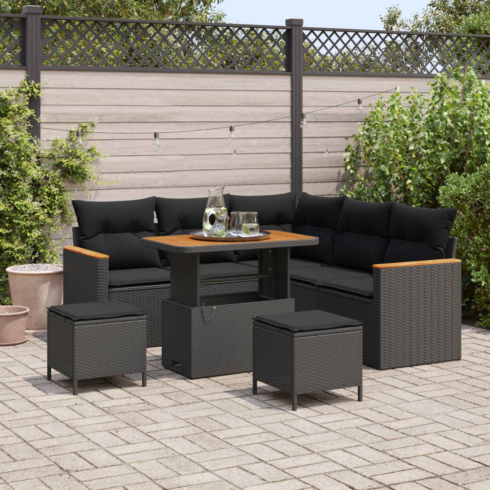 Set Divano da Giardino con cuscino 8 pcs Nero Poly Rattan | homemem39