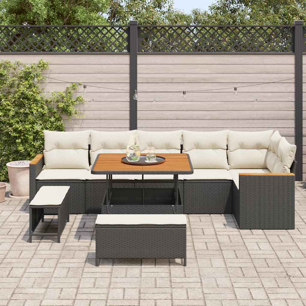 Set Divano da Giardino con cuscino 9 pcs Nero Poly Rattan | homemem39