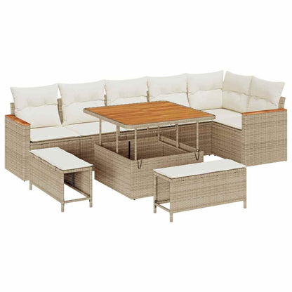Set Divano da Giardino 9 pz 6-Numero di posti Beige Poly Rattan