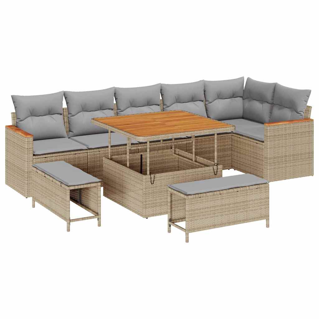 Set Divano da Giardino 9 pz 6-Numero di posti Beige Poly Rattan