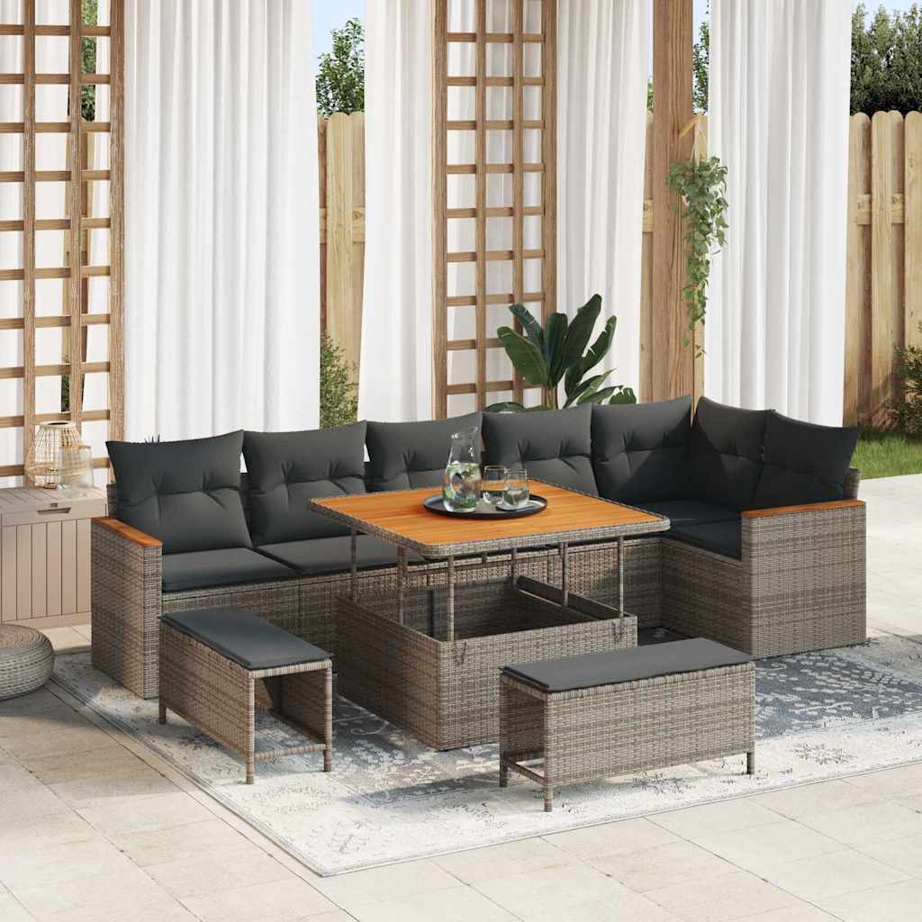 Set Divano da Giardino con cuscino 9 pcs Grigio Poly Rattan