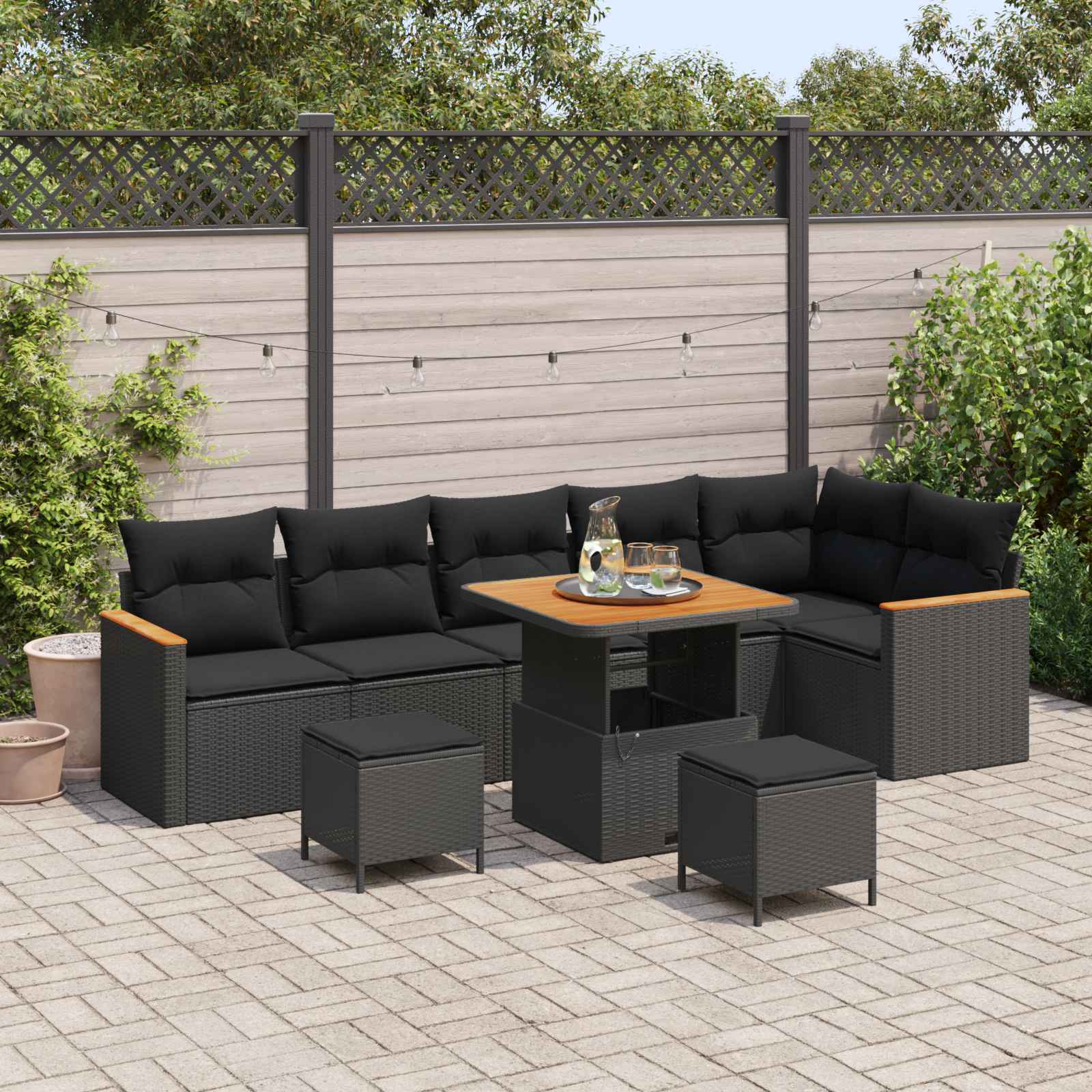 Set Divano da Giardino con cuscino 9 pcs Nero Poly Rattan | homemem39
