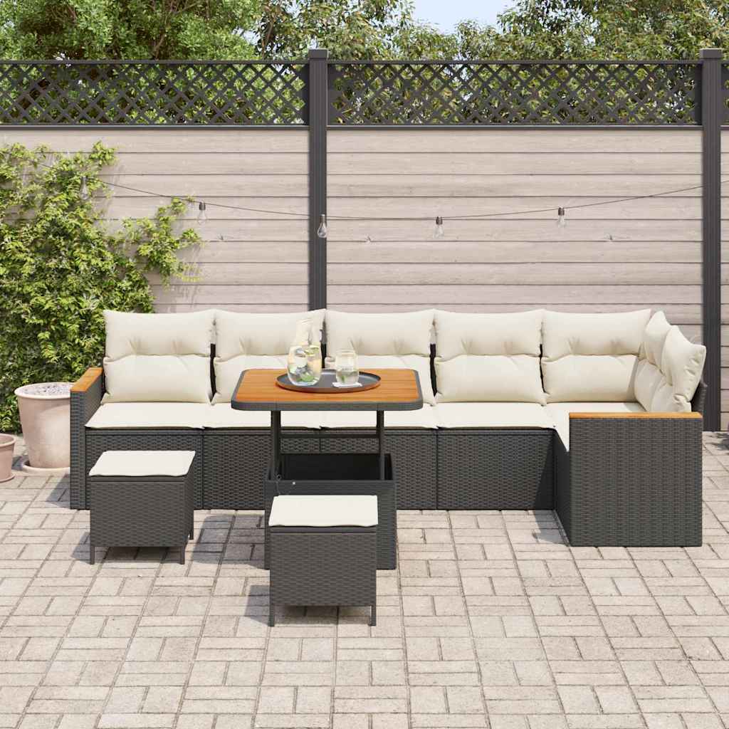 Set Divano da Giardino con cuscino 9 pcs Nero Poly Rattan | homemem39
