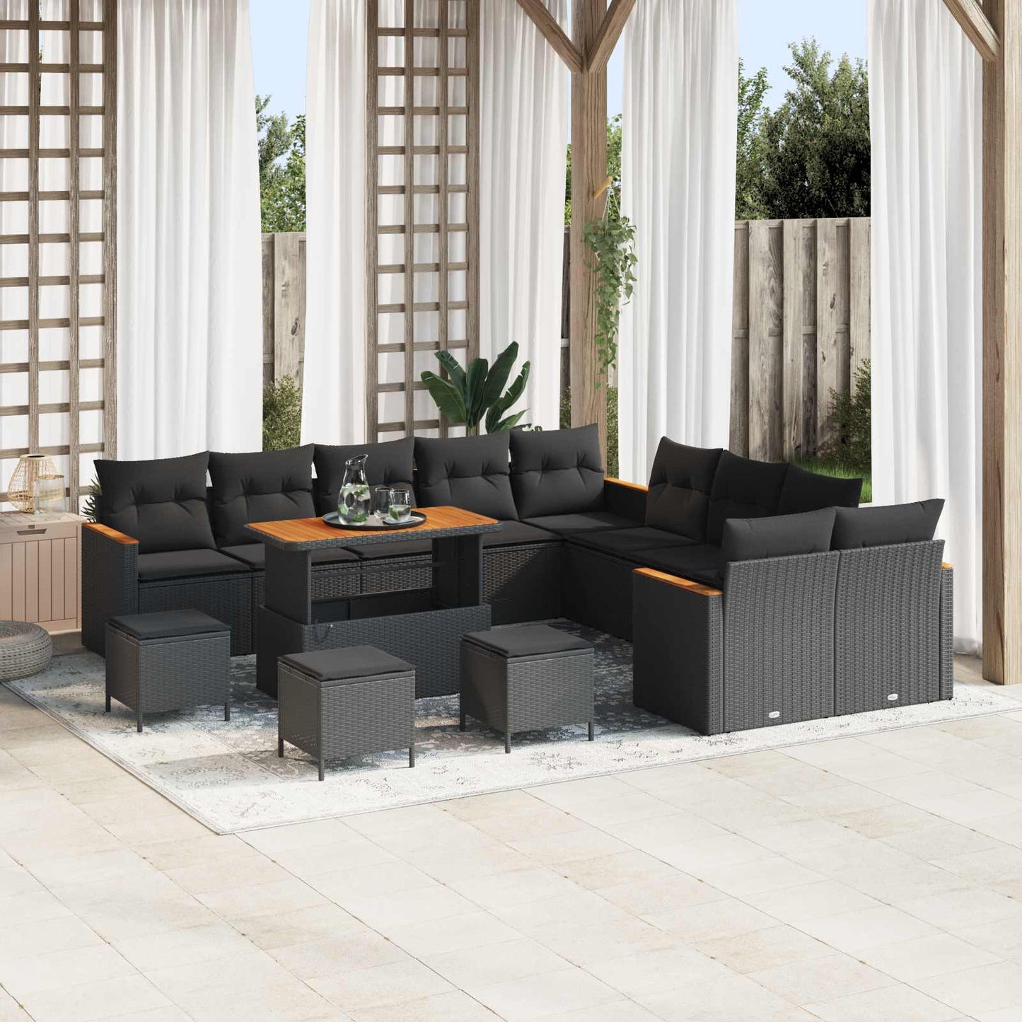 Set Divano da Giardino con cuscino 14 pcs Nero polyrattan | homemem39