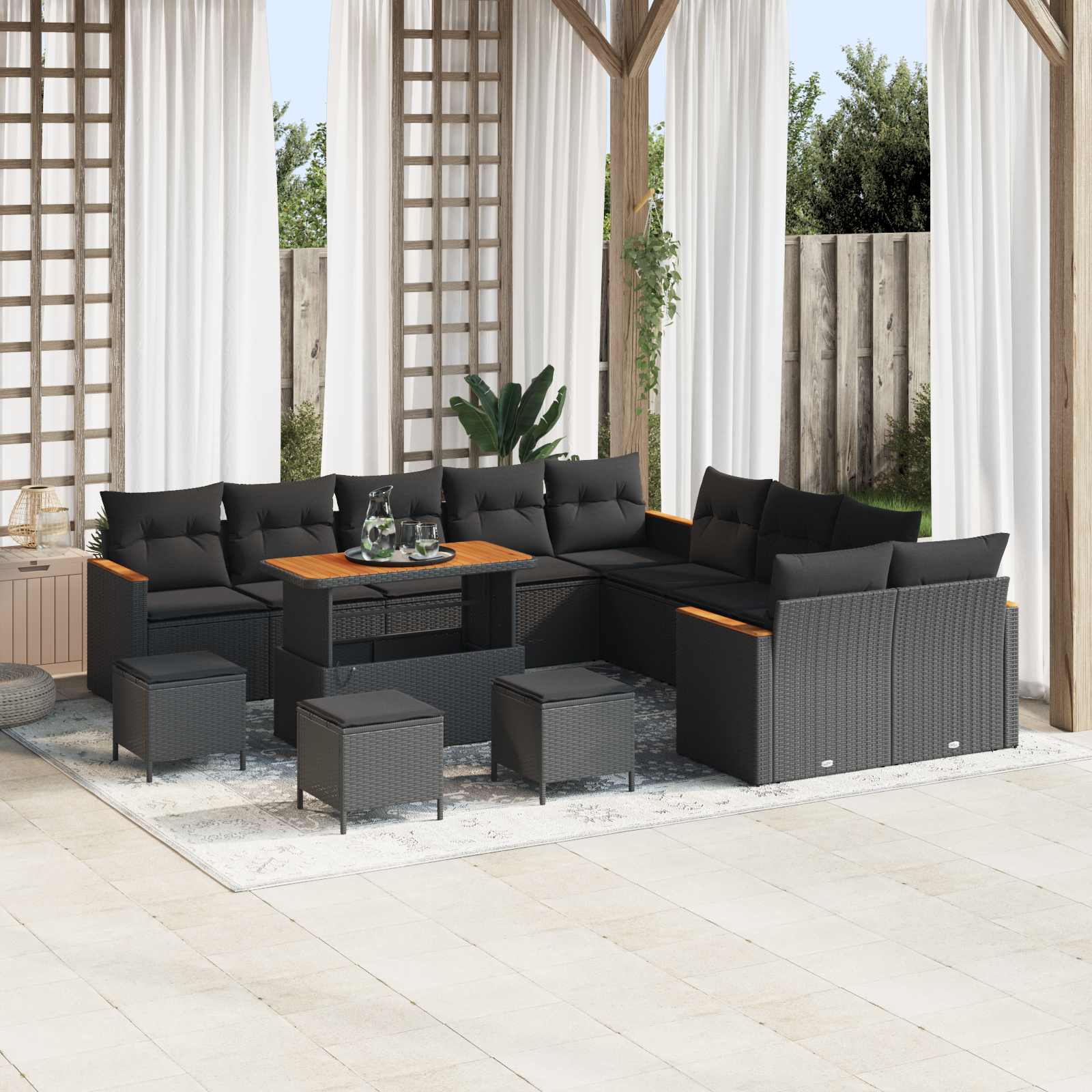 Set Divano da Giardino con cuscino 14 pcs Nero polyrattan | homemem39