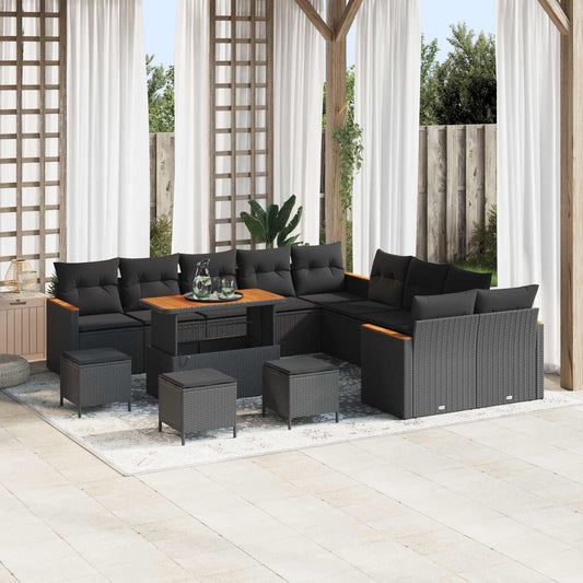 Set Divano da Giardino con cuscino 14 pcs Nero polyrattan