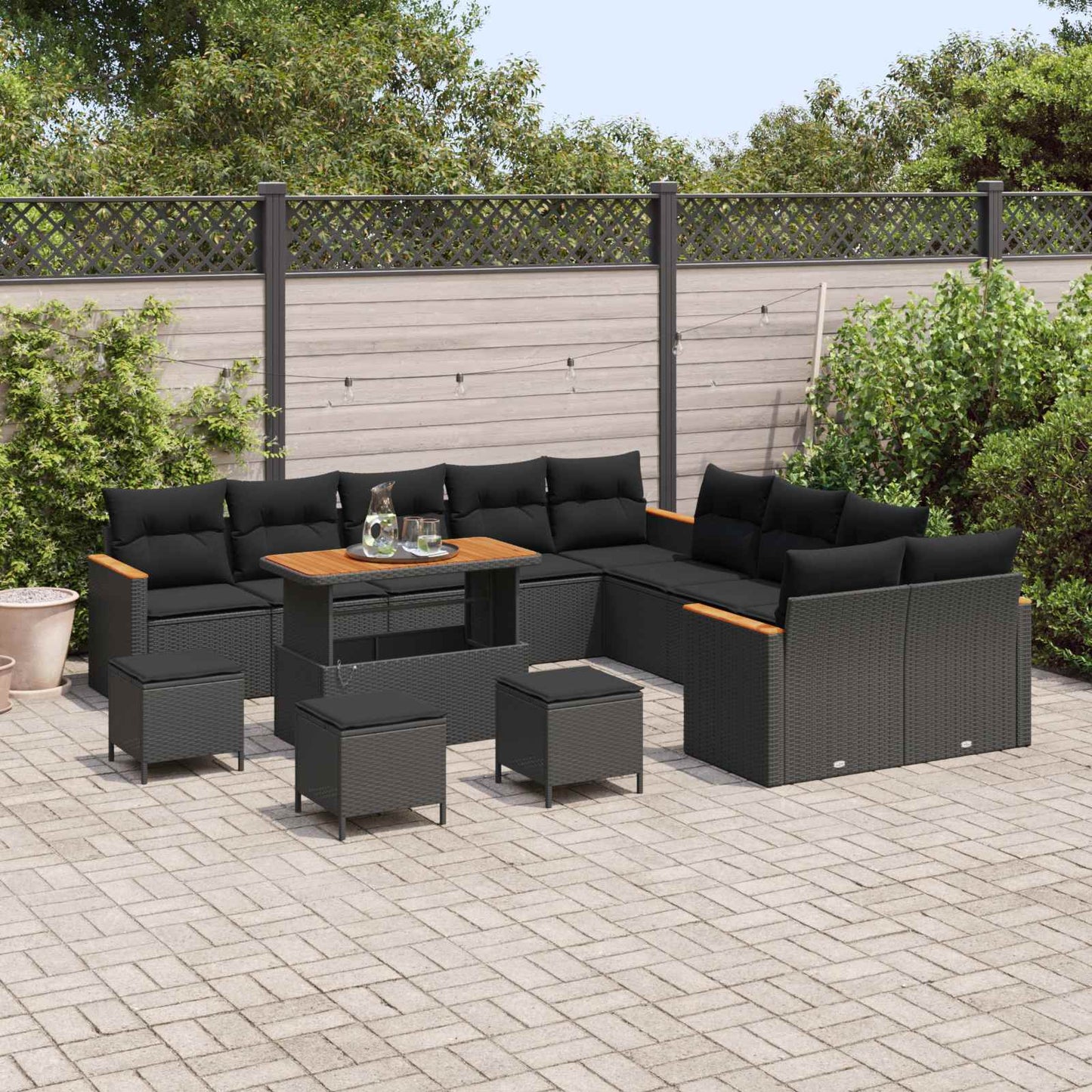 Set Divano da Giardino con cuscino 14 pcs Nero polyrattan | homemem39