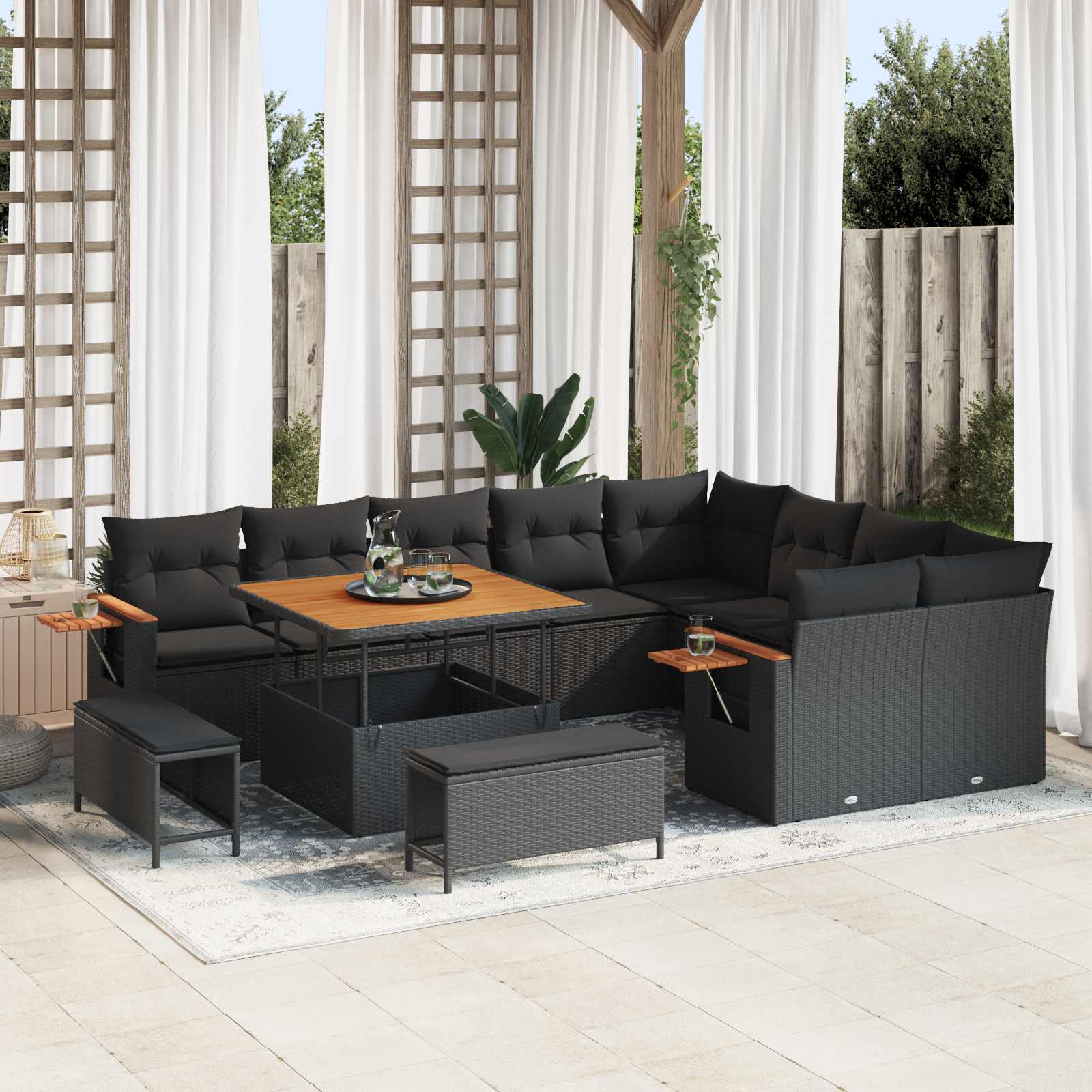 Set Divano da Giardino con cuscino 13 pcs Nero polyrattan | homemem39
