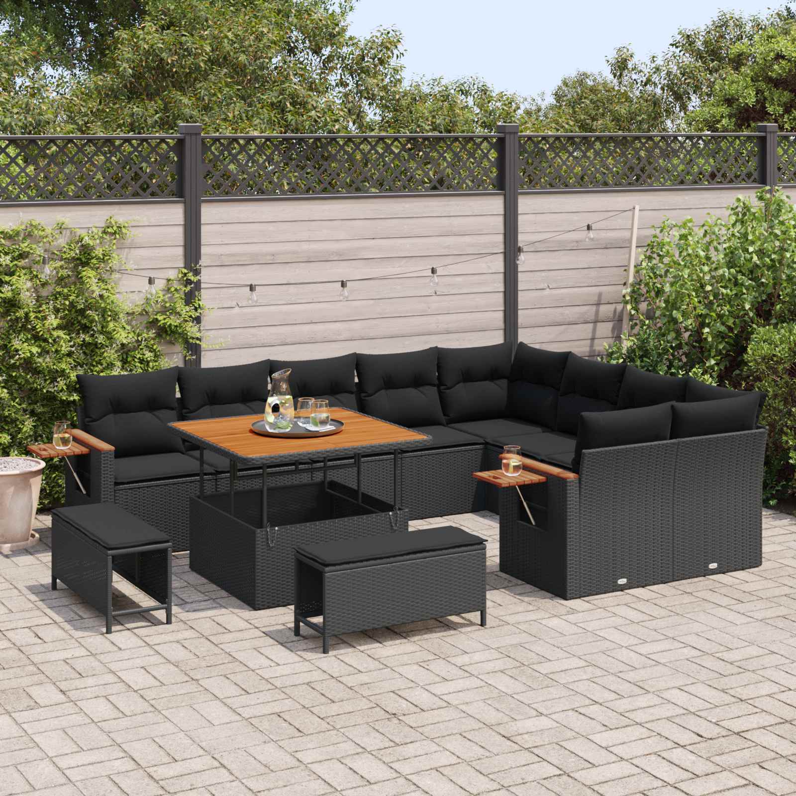 Set Divano da Giardino con cuscino 13 pcs Nero polyrattan | homemem39