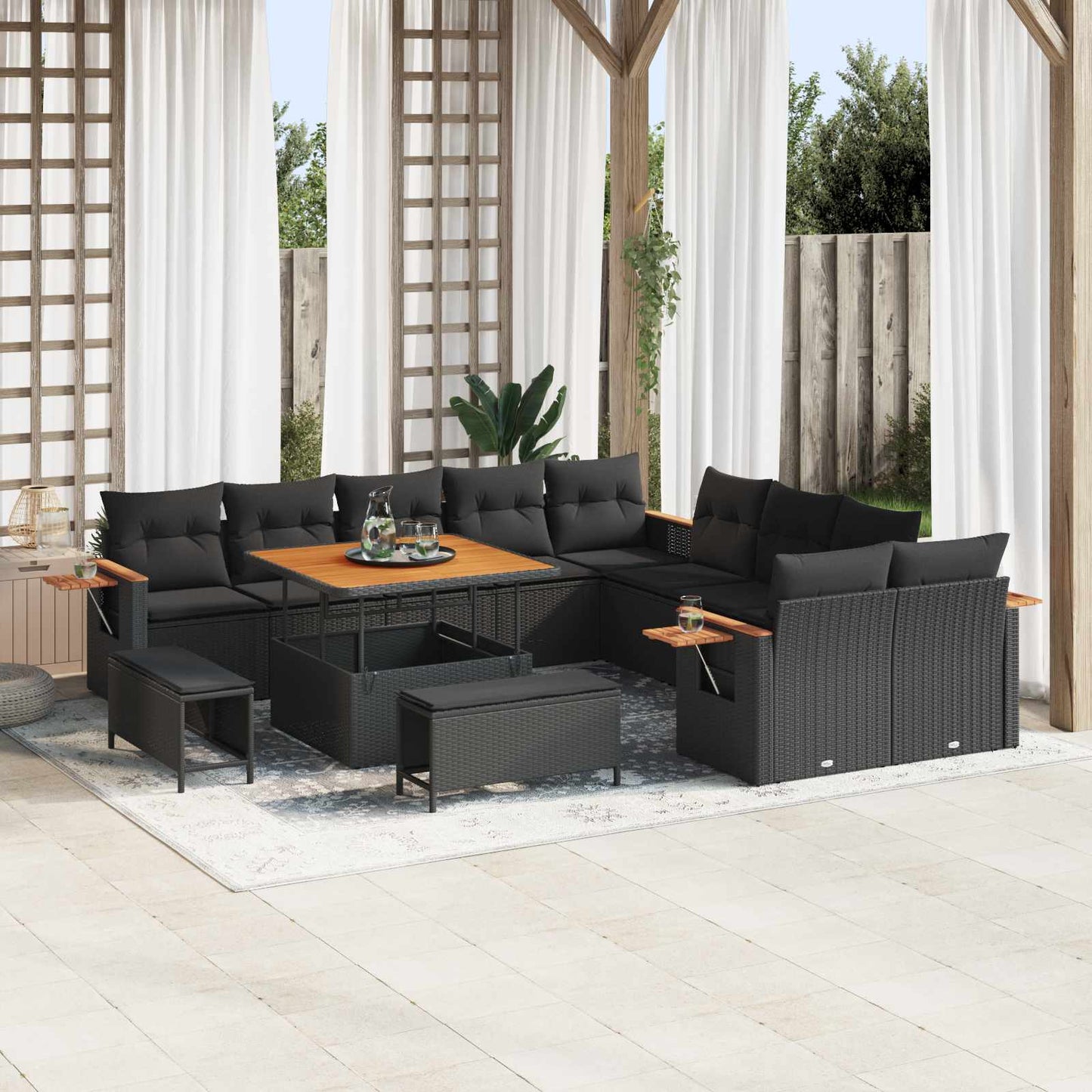 Set Divano da Giardino con cuscino 17 pcs Nero polyrattan | homemem39