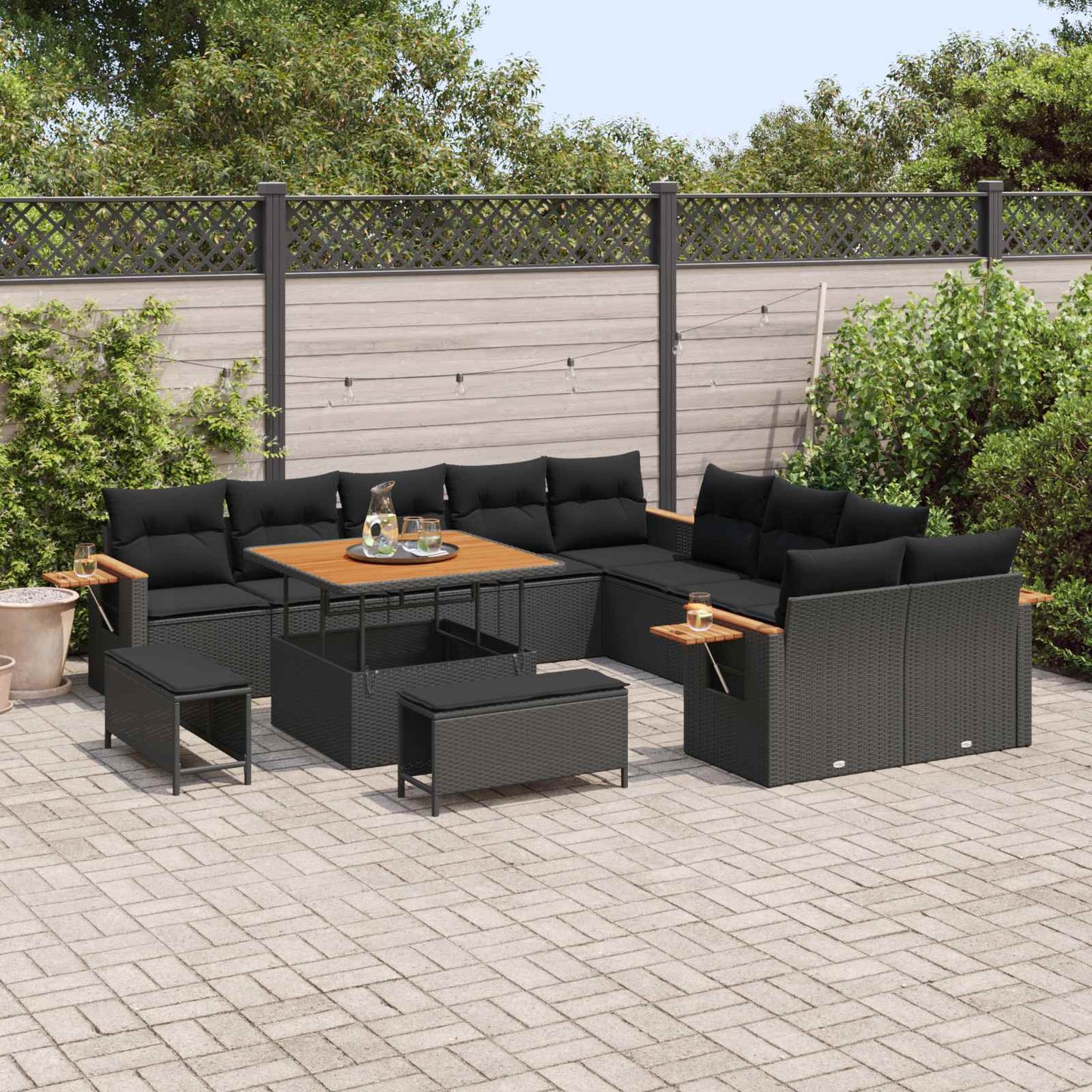 Set Divano da Giardino con cuscino 17 pcs Nero polyrattan | homemem39