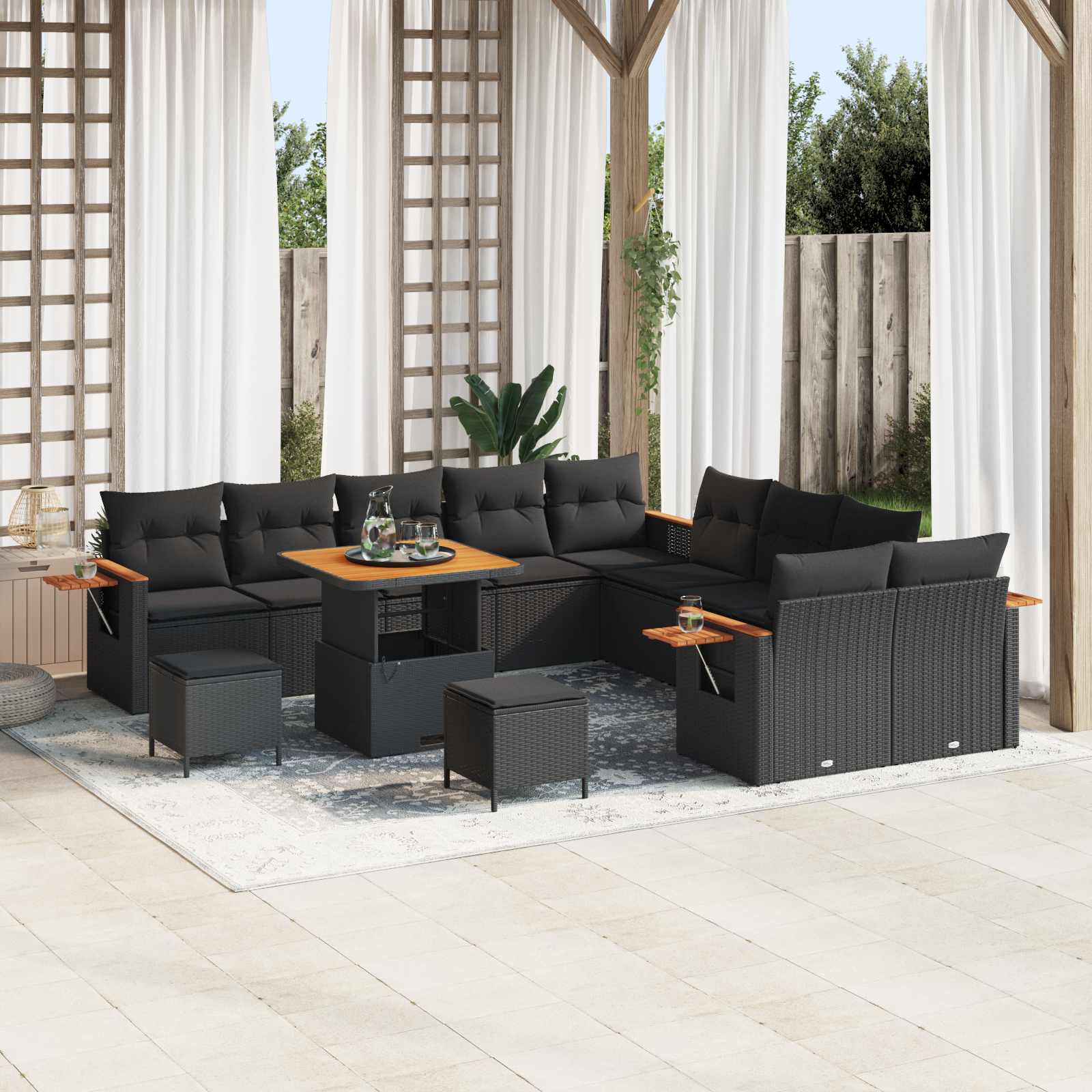 Set Divano da Giardino con cuscino 17 pcs Nero polyrattan | homemem39