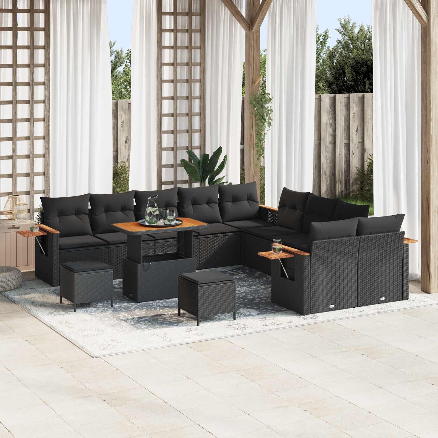 Set Divano da Giardino con cuscino 17 pcs Nero polyrattan | homemem39