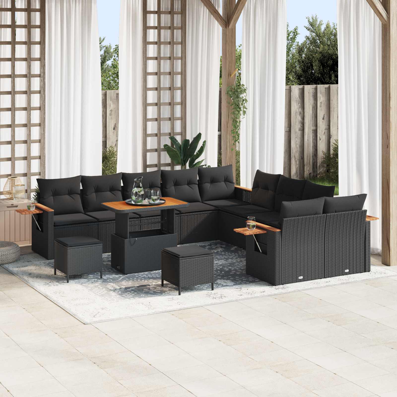 Set Divano da Giardino con cuscino 17 pcs Nero polyrattan | homemem39