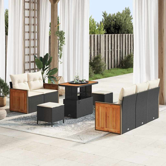 Set Divano da Giardino con cuscino 8 pcs Nero Poly Rattan