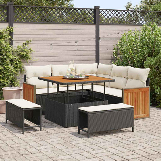 Set Divano da Giardino 9 pcs Nero e Crema polyrattan