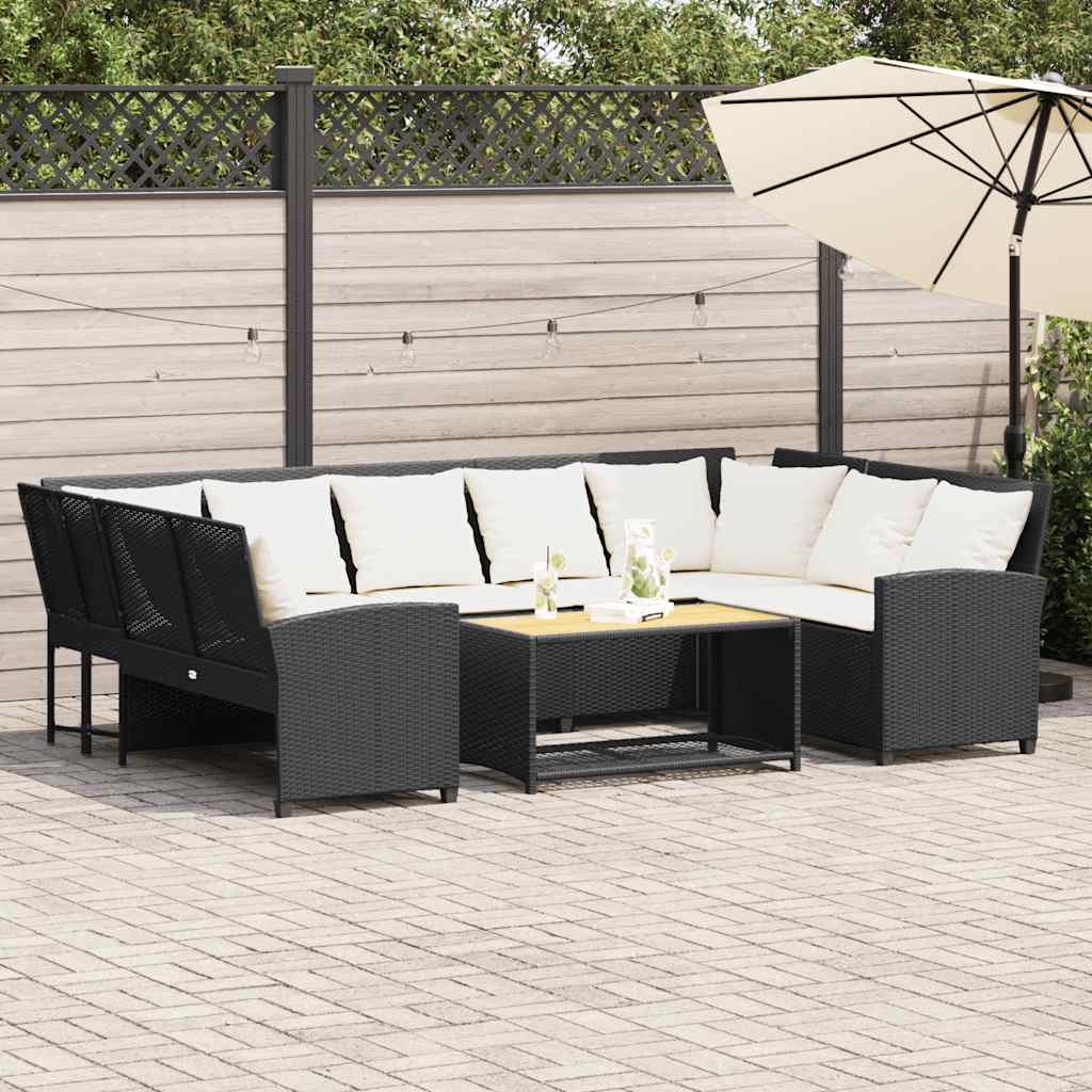 Divano da Giardino con Cuscini in Polyrattan Nero