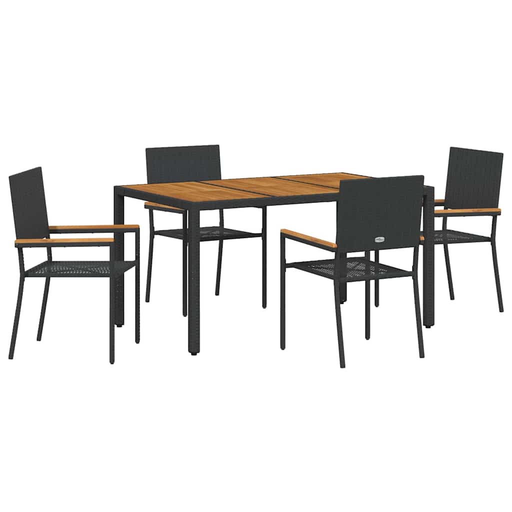 Set da Pranzo per Giardino 5 pcs Nero e Legno polyrattan