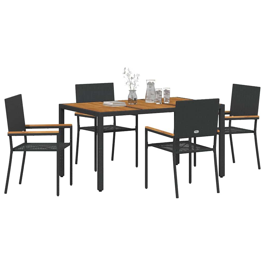 Set da Pranzo per Giardino 5 pcs Nero e Legno polyrattan