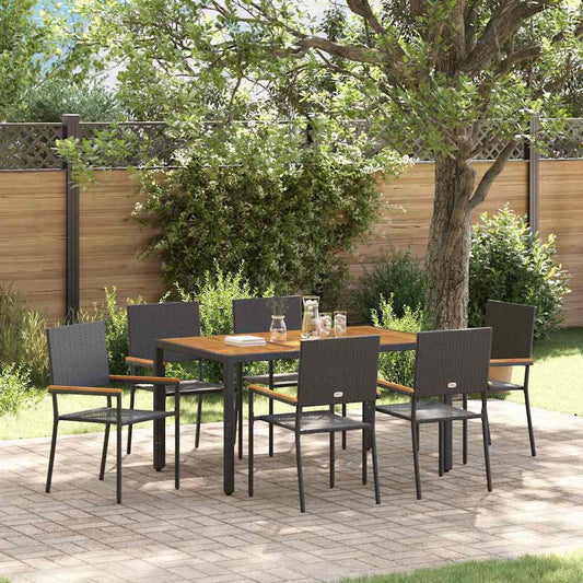 Set da Pranzo per Giardino 7 pcs Nero e Legno polyrattan