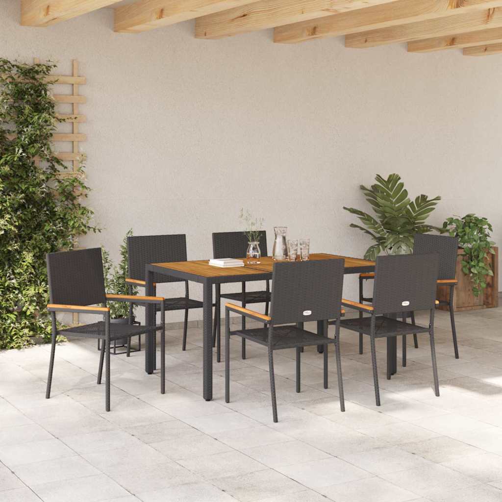 Set da Pranzo per Giardino 7 pcs Nero e Legno polyrattan