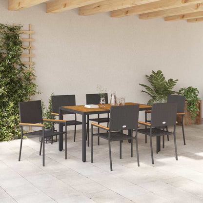 Set da Pranzo per Giardino 7 pcs Nero e Legno polyrattan