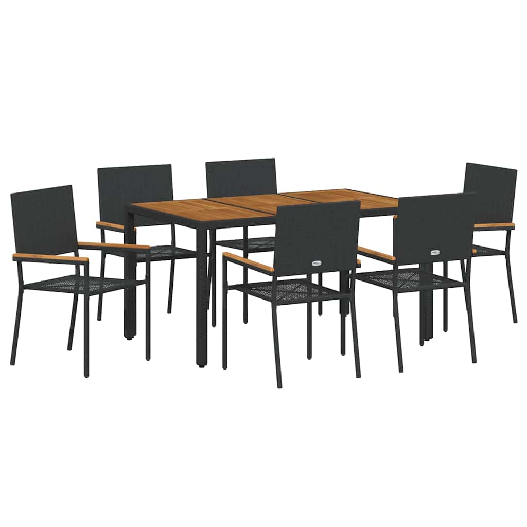 Set da Pranzo per Giardino 7 pcs Nero e Legno polyrattan