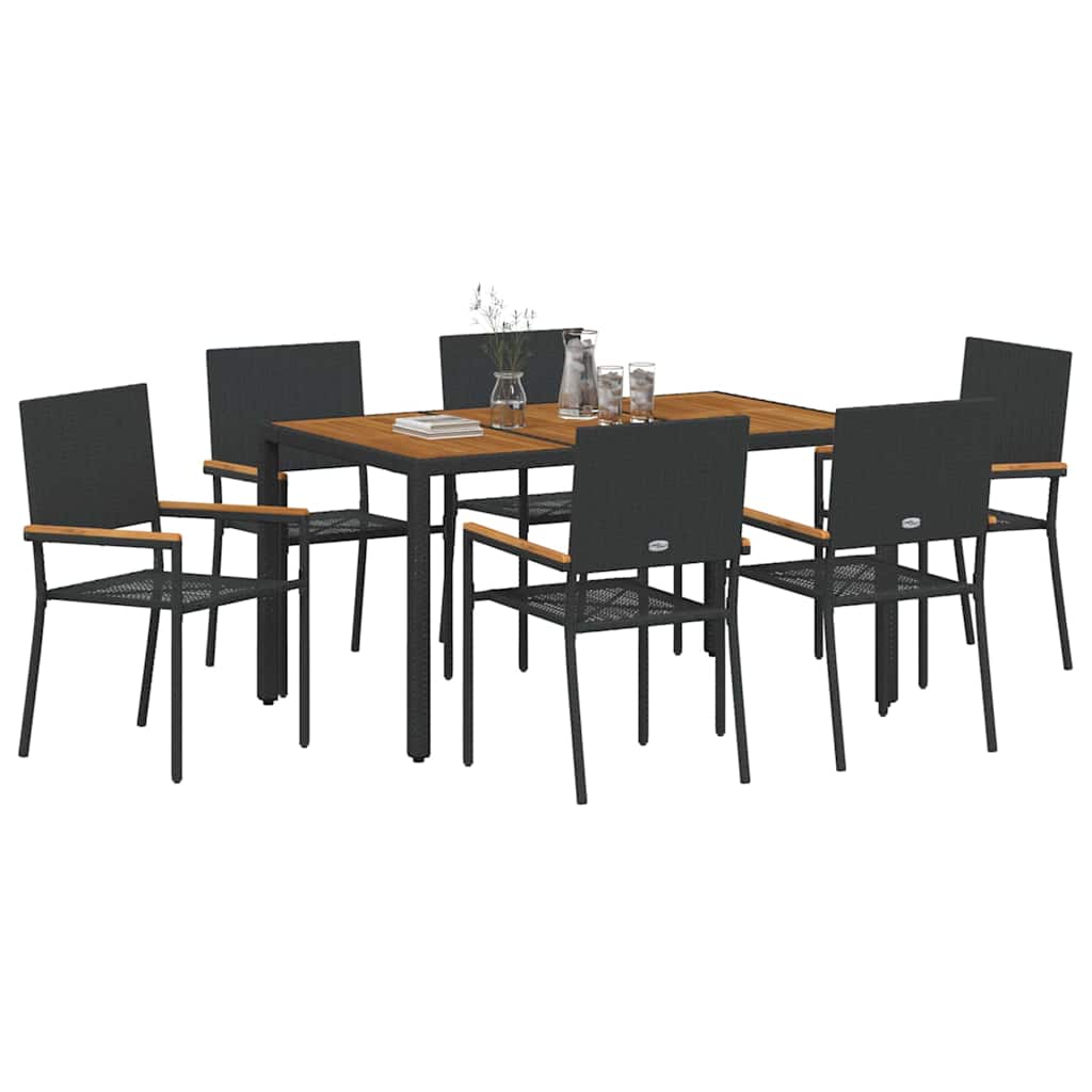 Set da Pranzo per Giardino 7 pcs Nero e Legno polyrattan