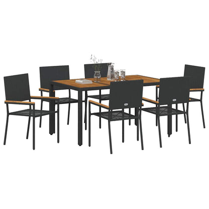 Set da Pranzo per Giardino 7 pcs Nero e Legno polyrattan