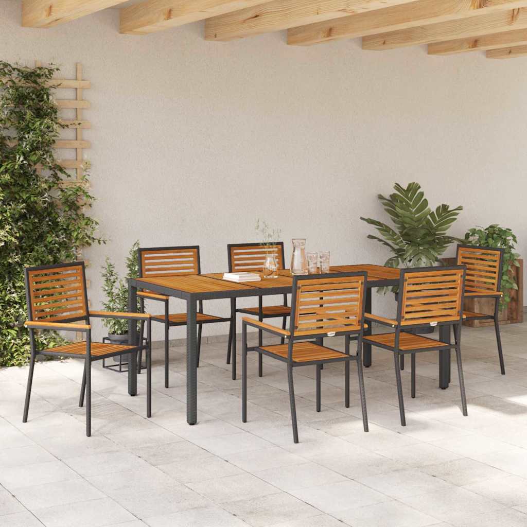Set da Pranzo per Giardino 7 pcs Nero e Legno polyrattan