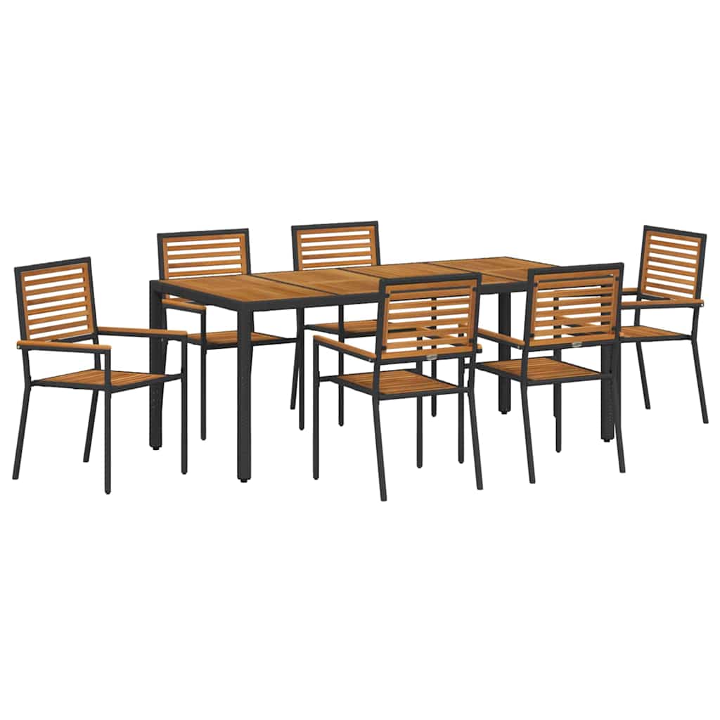 Set da Pranzo per Giardino 7 pcs Nero e Legno polyrattan