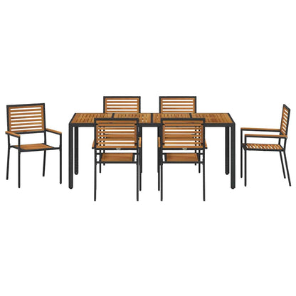 Set da Pranzo per Giardino 7 pcs Nero e Legno polyrattan