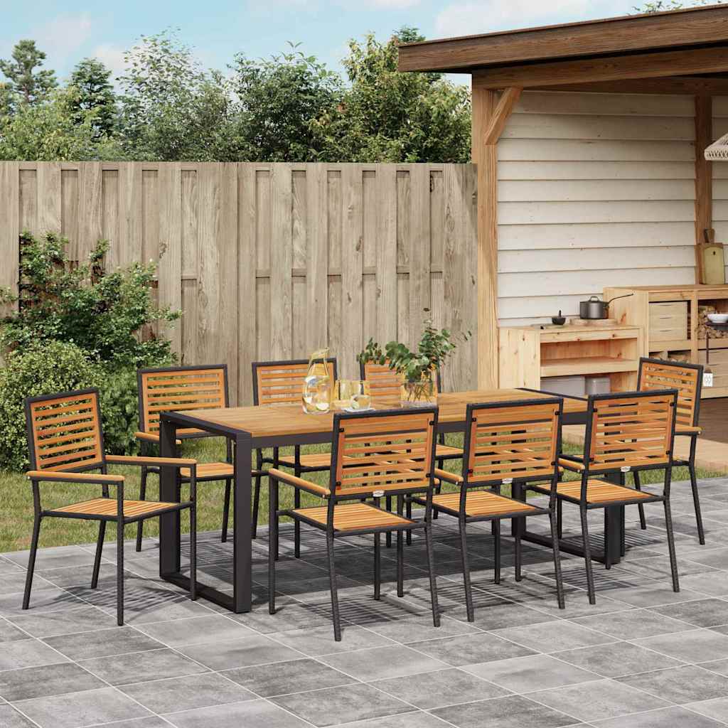 Set da Pranzo per Giardino 9 pcs Nero e Legno polyrattan