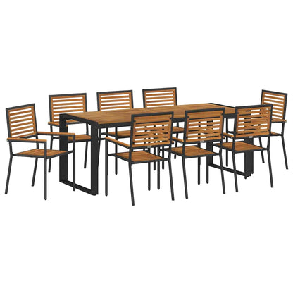 Set da Pranzo per Giardino 9 pcs Nero e Legno polyrattan