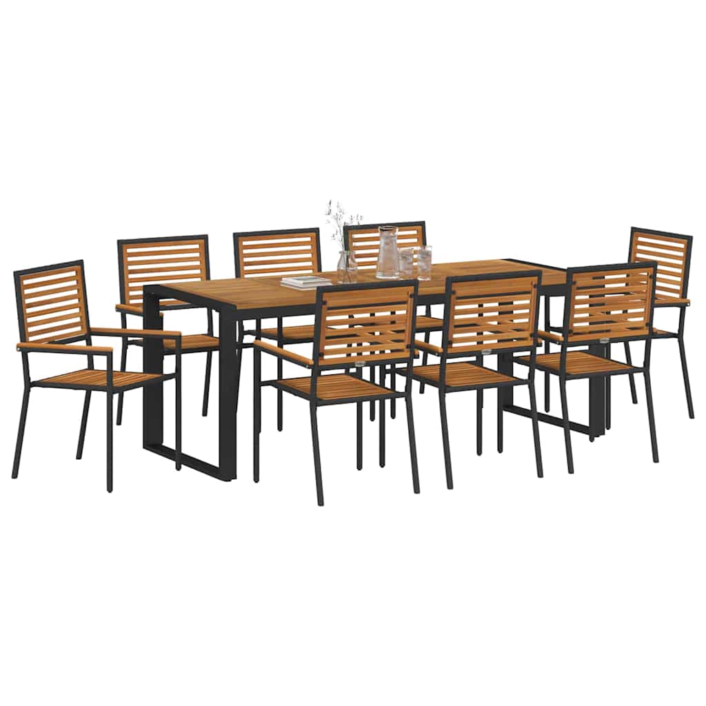 Set da Pranzo per Giardino 9 pcs Nero e Legno polyrattan