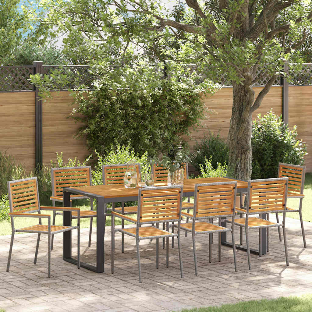 Set da Pranzo per Giardino 9 pcs Grigio e Legno polyrattan
