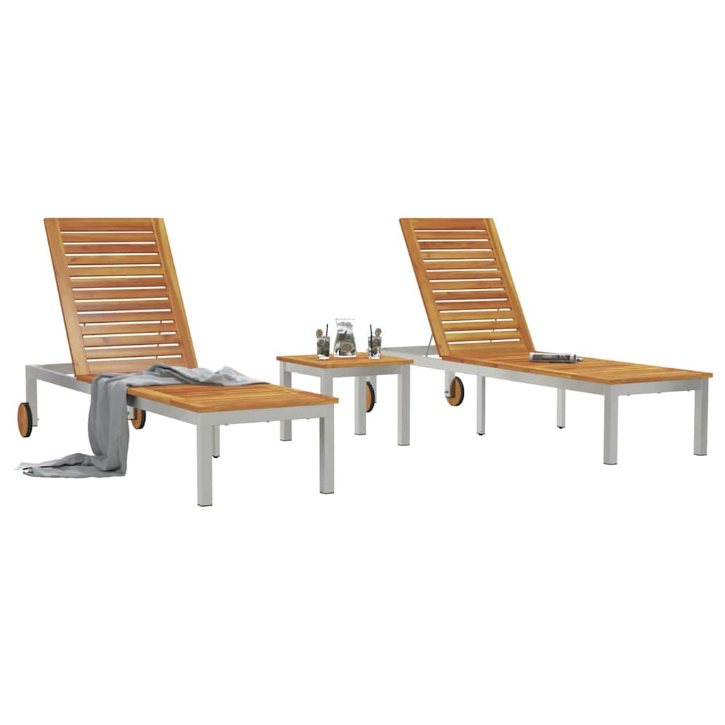 Lettini da sole 2 pcs con tavolo 3 pcs Legno Massello di Acacia