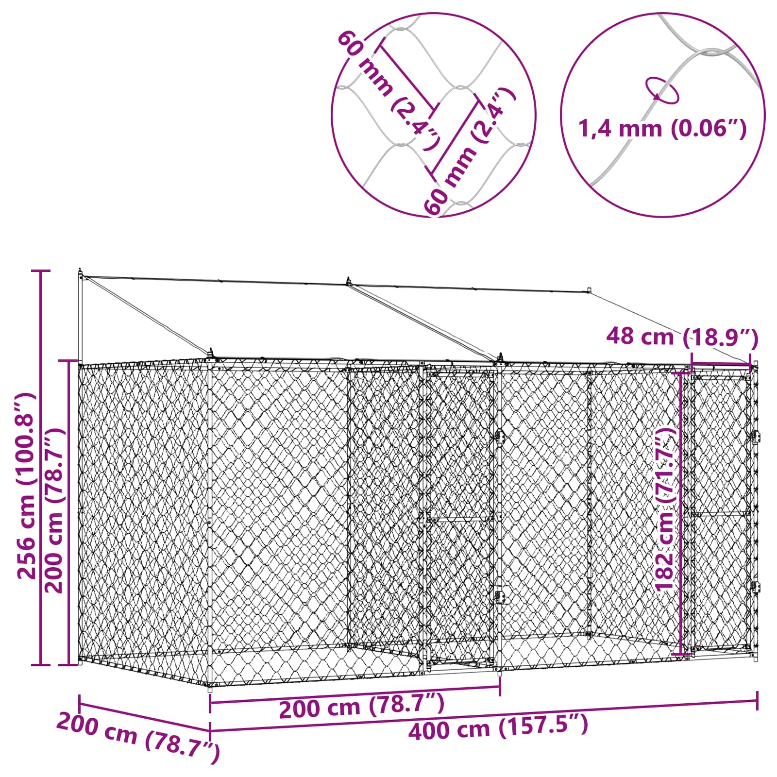 Gabbia per Cani con Tetto Argento 400 x 200 x 256 cm | homemem39