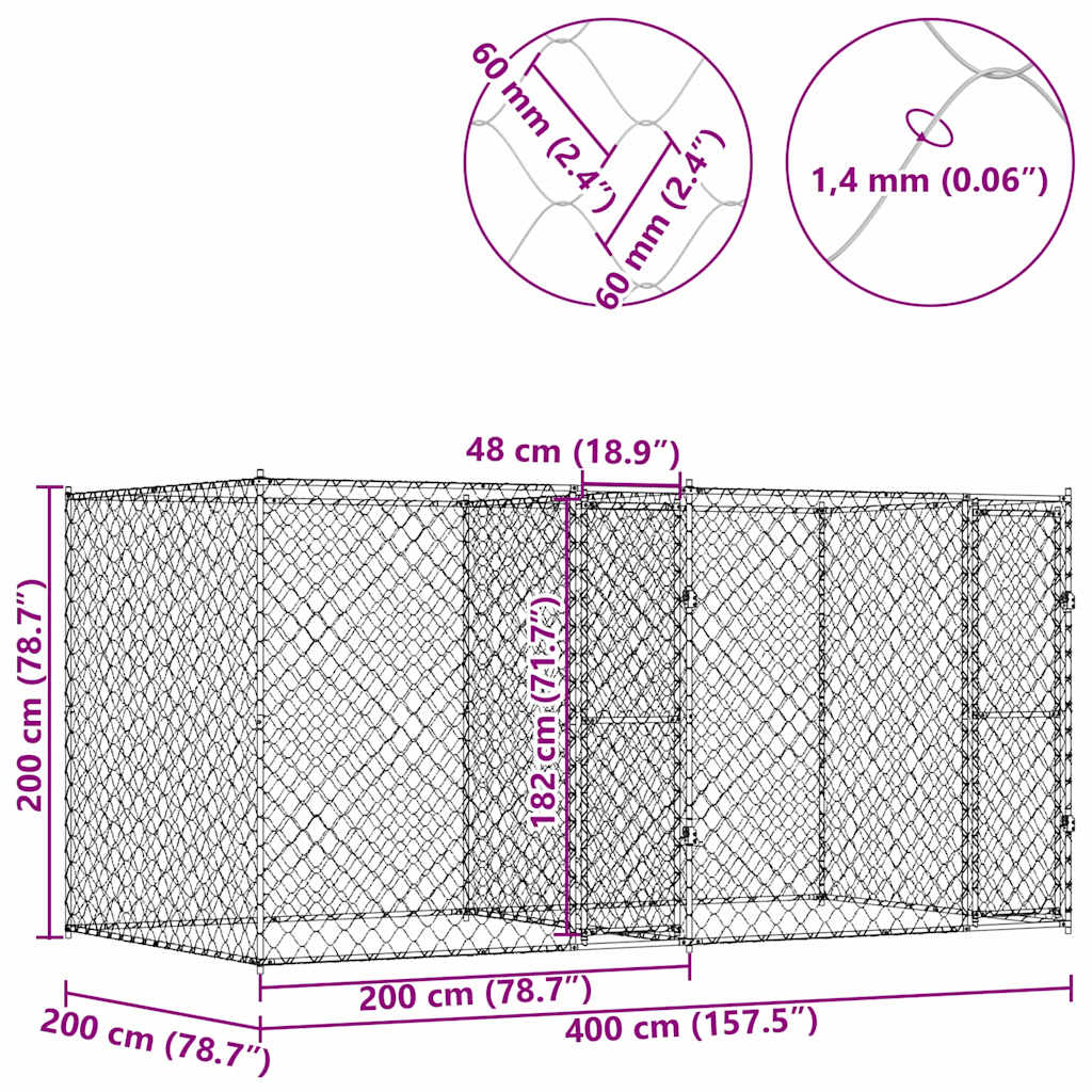 Gabbia per cani Argento 400 x 200 x 200 cm Acciaio zincato | homemem39