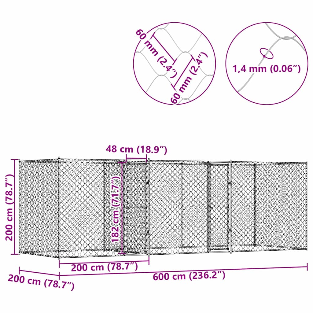 Gabbia per cani Argento 600 x 200 x 200 cm Acciaio zincato | homemem39