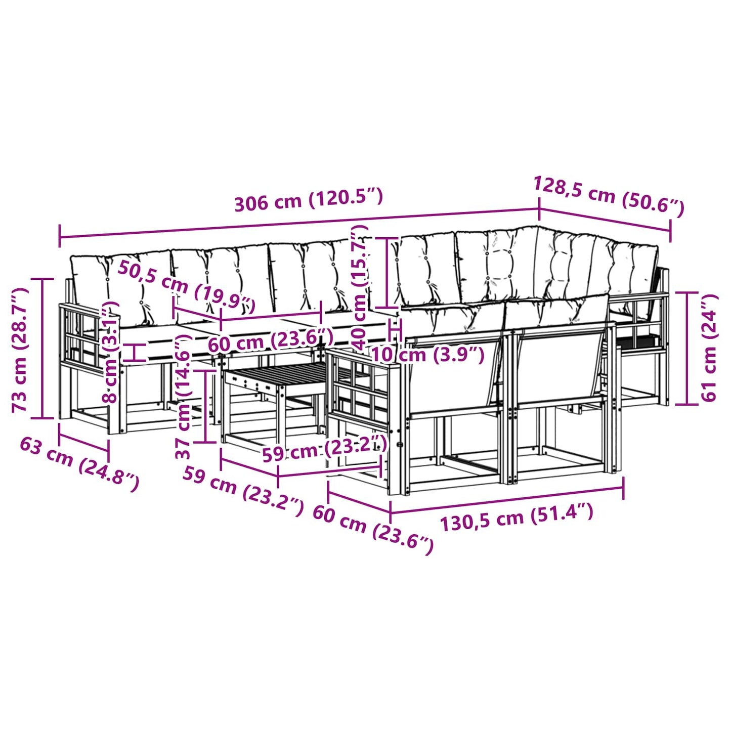 Set di divani da esterno con cuscino 9 pcs Naturale e Crema