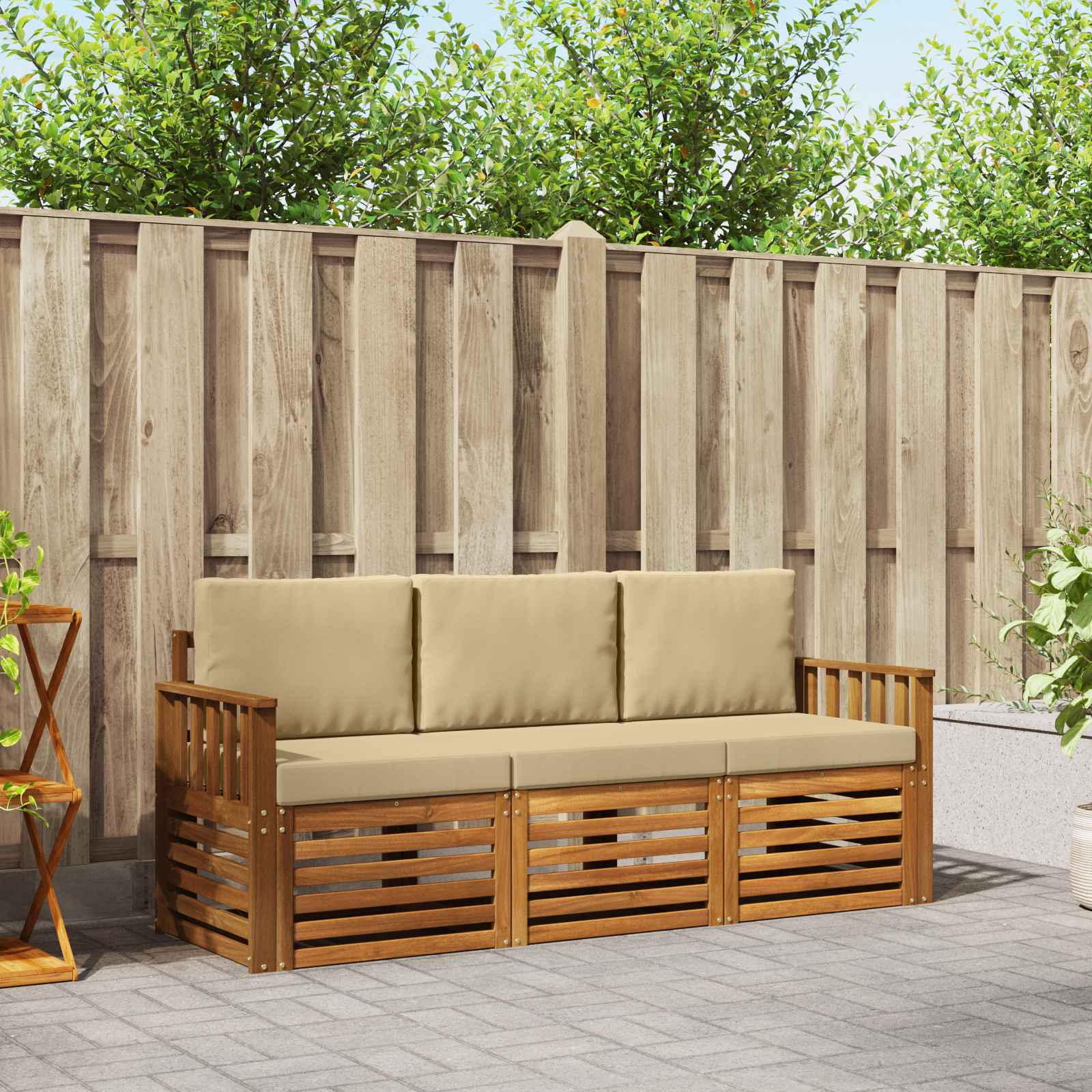 Set divani 3 pcs Naturale e Beige Legno di Acacia Massello | homemem39