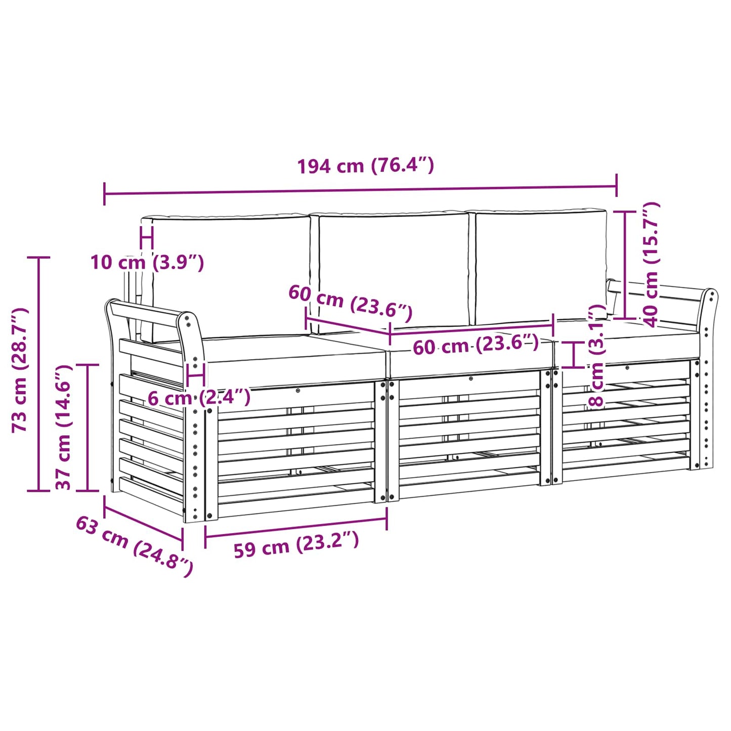 Set divani 3 pcs Naturale e Antracite Legno di Acacia Massello | homemem39