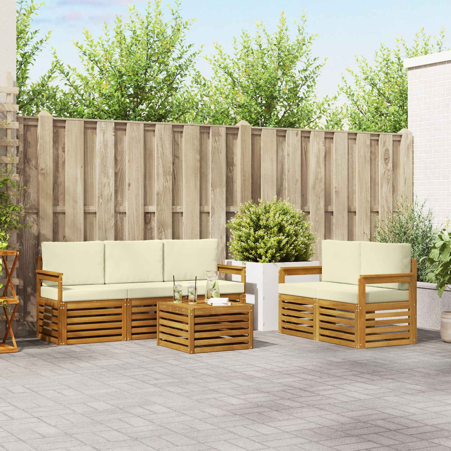 Set divani 6 pcs Naturale e Crema Legno di Acacia Massello
