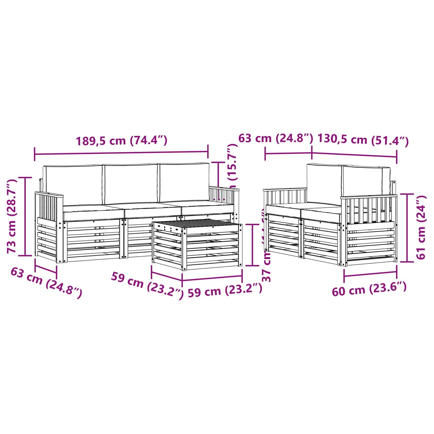 Set divani 6 pcs Naturale e Antracite Legno di Acacia Massello