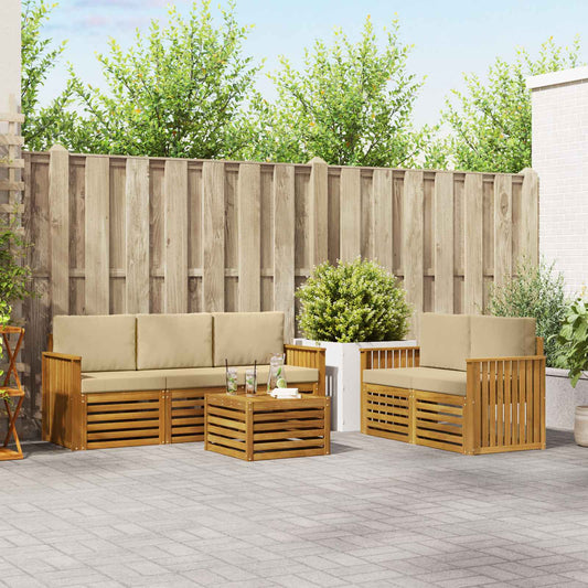 Set divani 6 pcs Naturale e Beige Legno di Acacia Massello