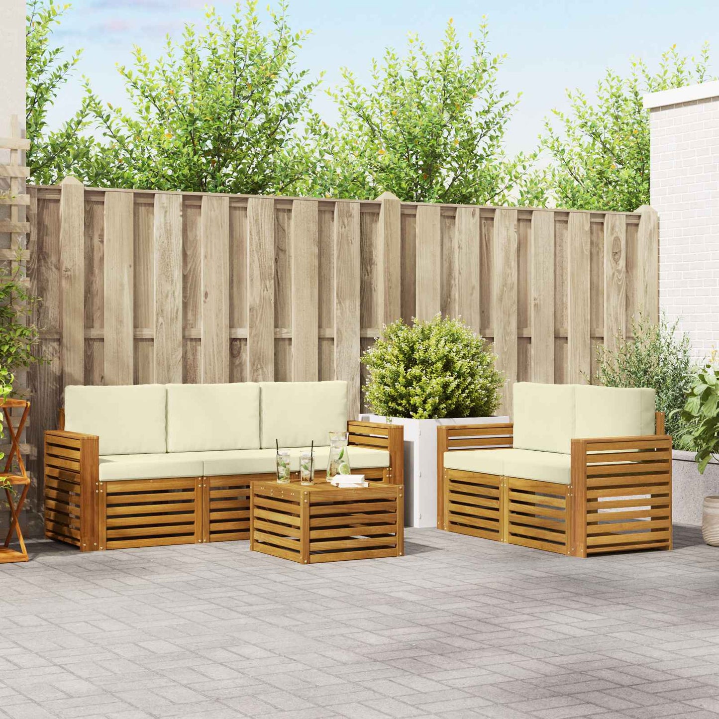 Set divani 6 pcs Naturale e Crema Legno di Acacia Massello