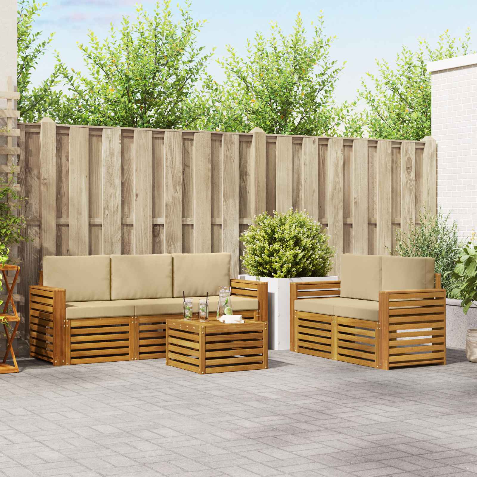 Set divani 6 pcs Naturale e Beige Legno di Acacia Massello | homemem39