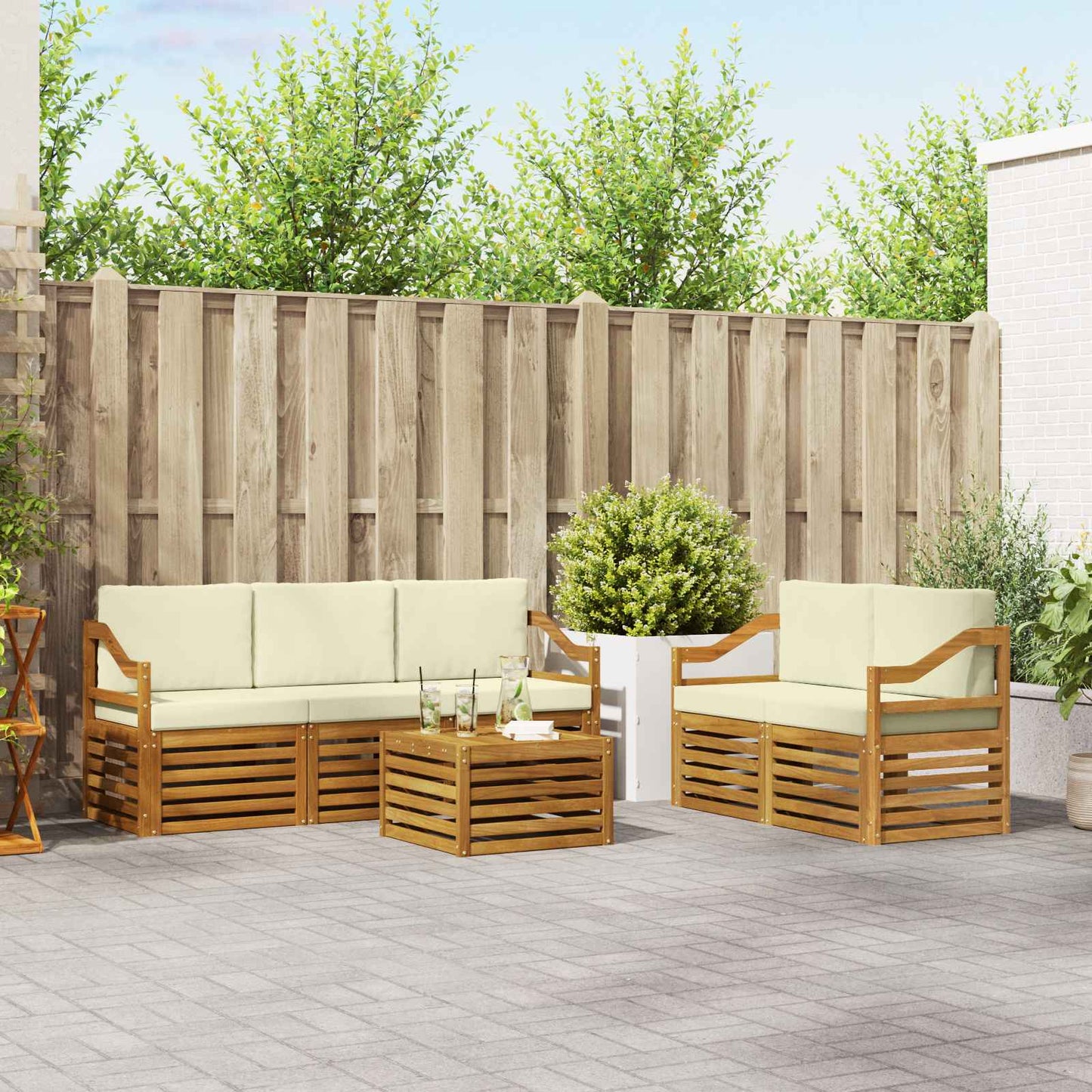 Set divani 6 pcs Naturale e Crema Legno di Acacia Massello