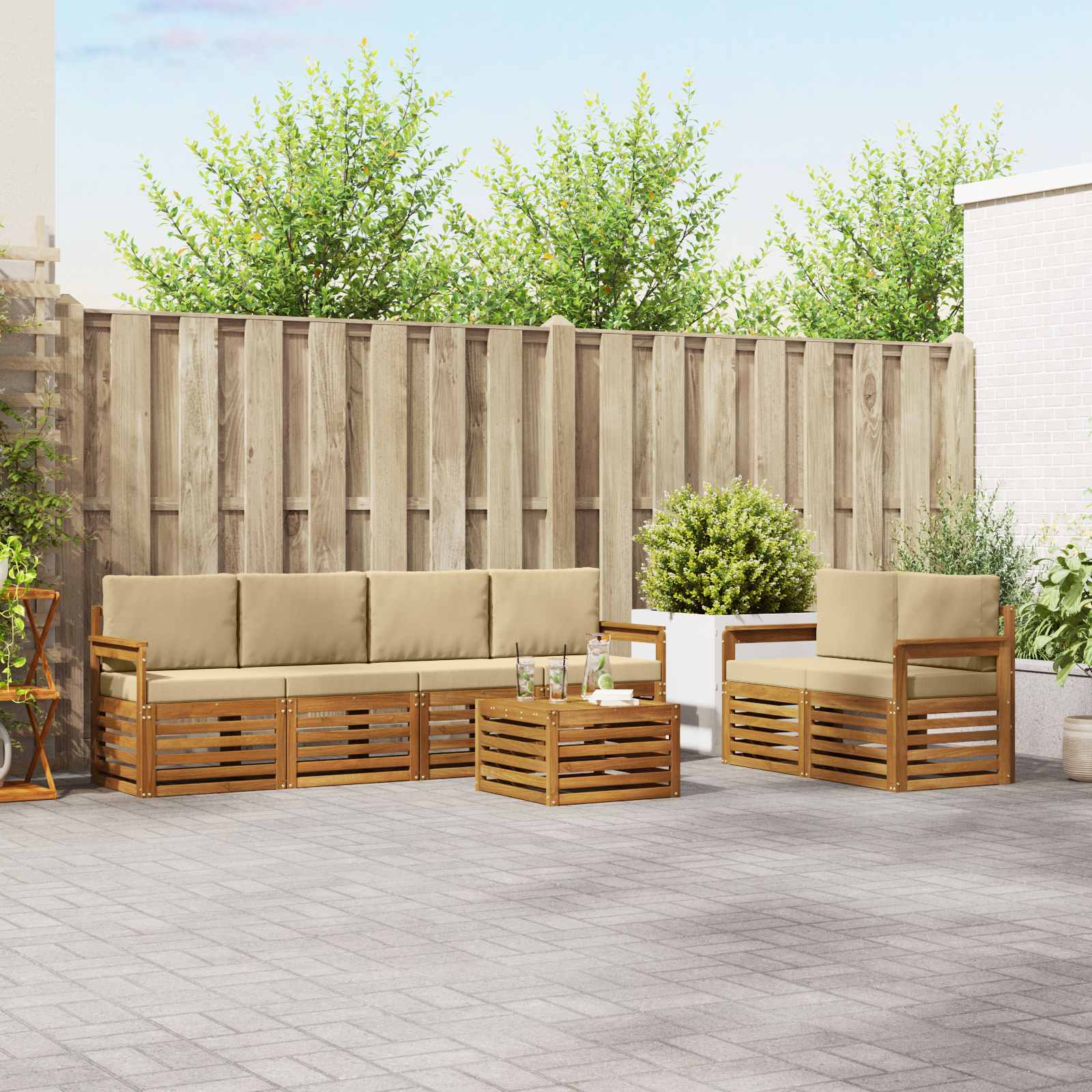 Set di divani da esterno con cuscino 7 pcs Naturale e Beige | homemem39